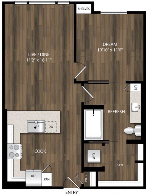 Floor plan for 1 bed, 1 bath, 693 sqft